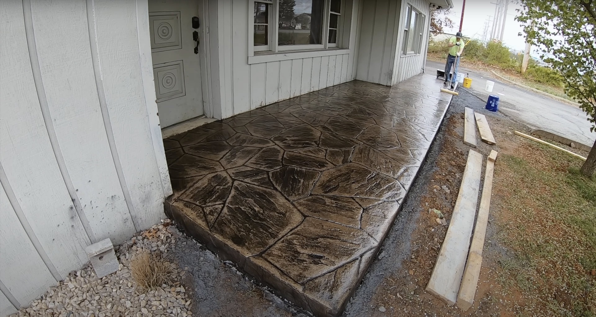 Stamped Concrete Patio - Decorative Concrete Services Beautiful stamped concrete patio installation showcasing decorative patterns and professional finish